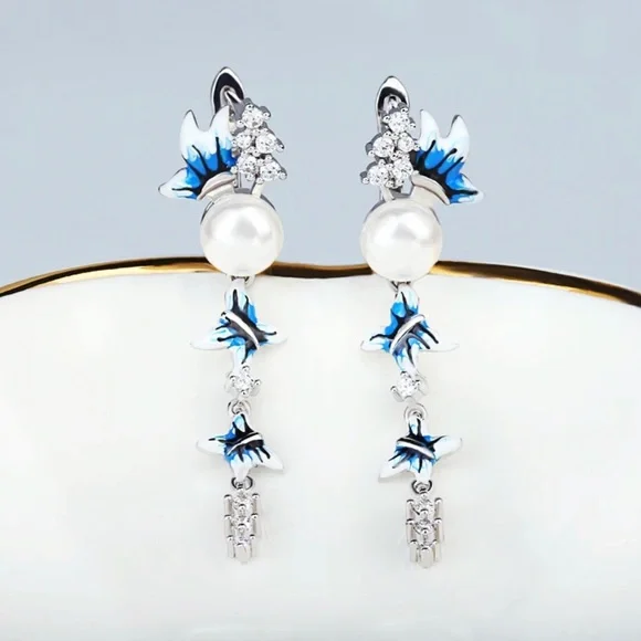 Blue and White Butterflies Long Tassel Earrings 925 Sterling Silver - Picture 5 of 5